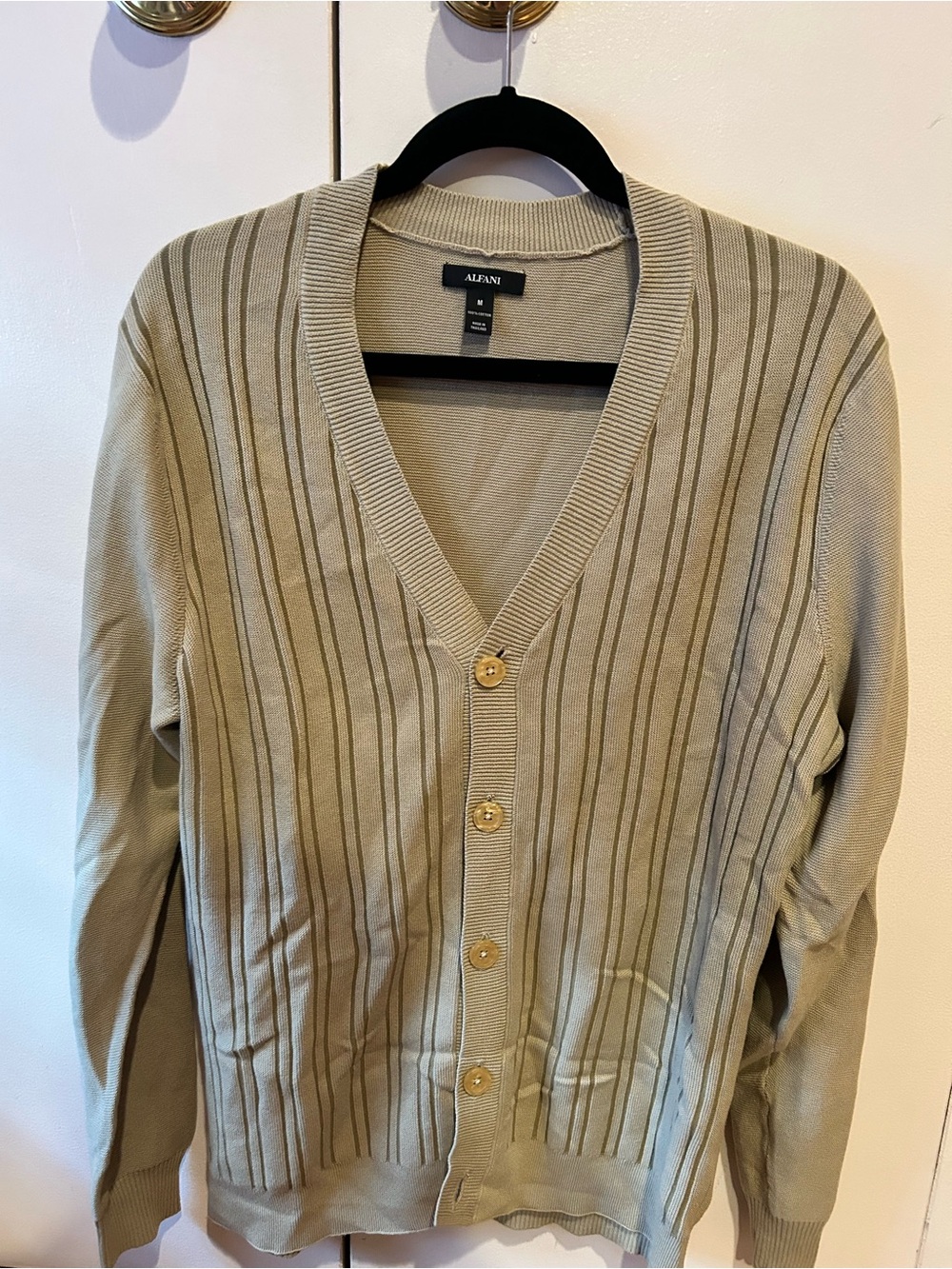 Alfani Striped V-Neck Cardigan in Light Beige